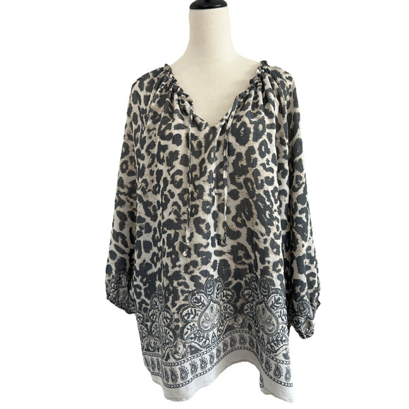 Como Blu Blouse Top Womens 3X Animal Print 3/4 Sleeves Elastic Cuffs Boho Casual - Picture 2 of 12